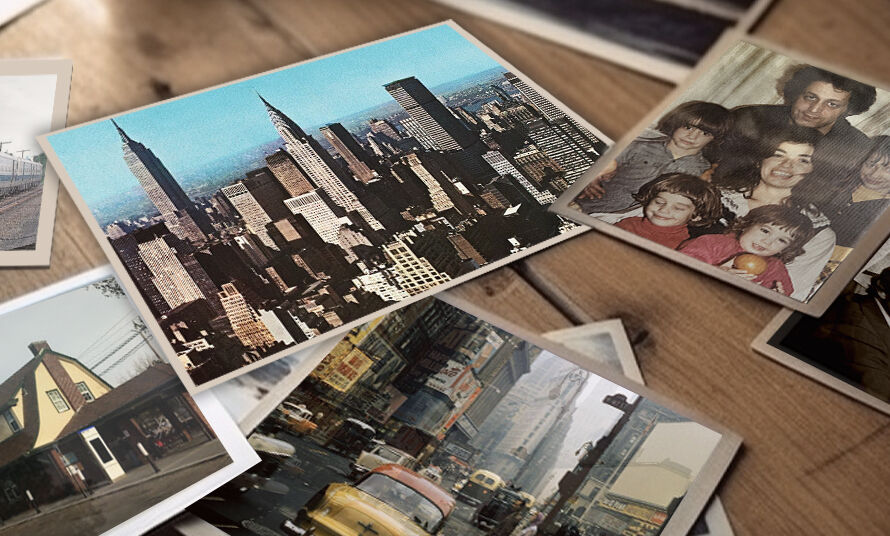 A nostalgic collage featuring a Long Island train, a view of the Manhattan skyline, and family photographs.