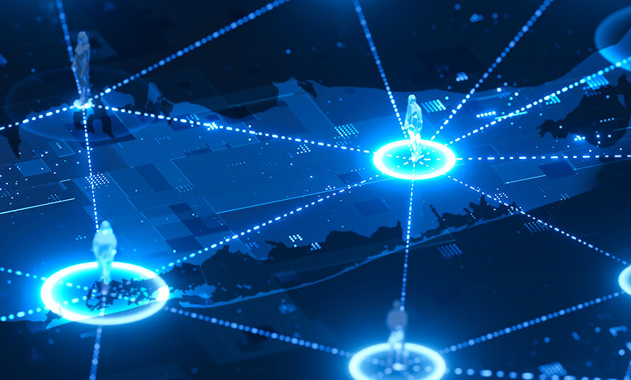 Digital network visualization over a map of Long Island, showing glowing connection points and human figures representing connected businesses and communities.